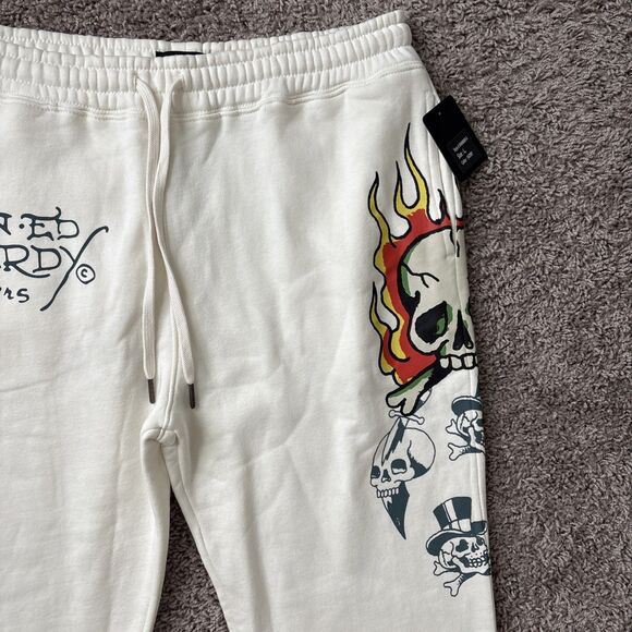 Ed Hardy Men's Size Large Ivory White Fleece Sweats Flaming Skull Hat NWT - Picture 2 of 8